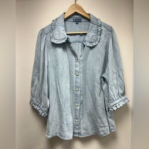 Democracy Soft Blue Denim Lightwash Ruffled Blouse
